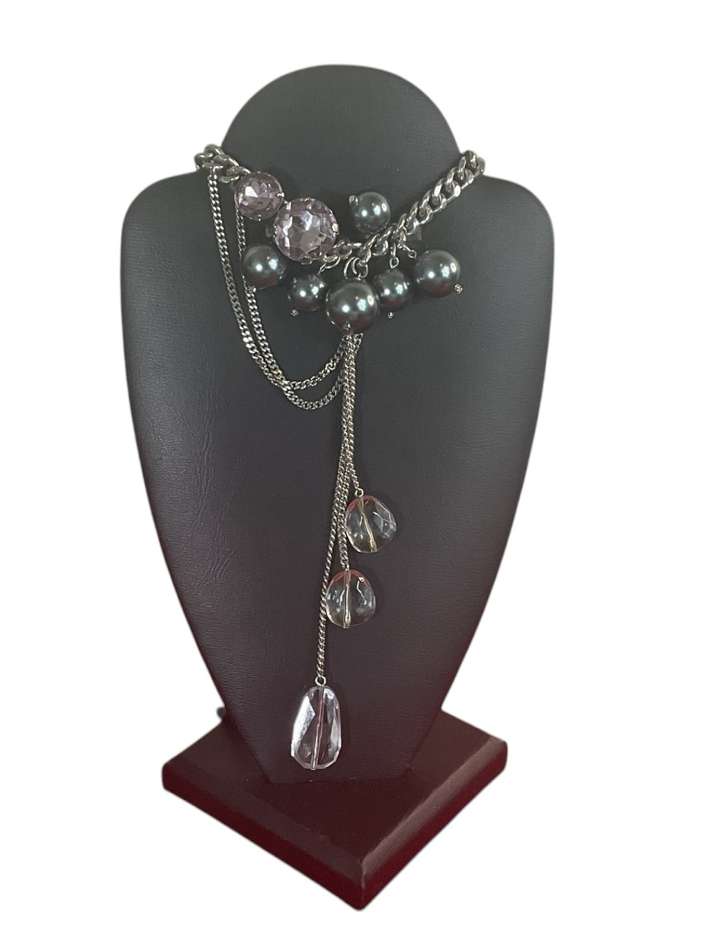 Ann Taylor LOFT Polished Silver & Navy Ribbon Statement Necklace with Faux Pearl